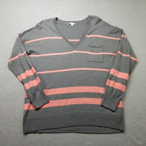 Gap Sweater Womens SIze L Gray Pink Striped Long Sleeve V-Neck Cotton Pocket